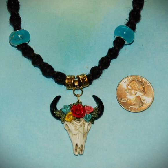 Southwestern Bull Skull with Roses on a 19 1/2" Handmade Black Hemp Chain - Picture 6 of 7